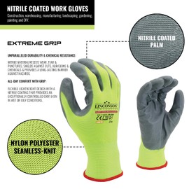 LINCONSON 12 Pack Extreme Grip Lightweight Nitrile Coated Construction & Mechanics Work Gloves