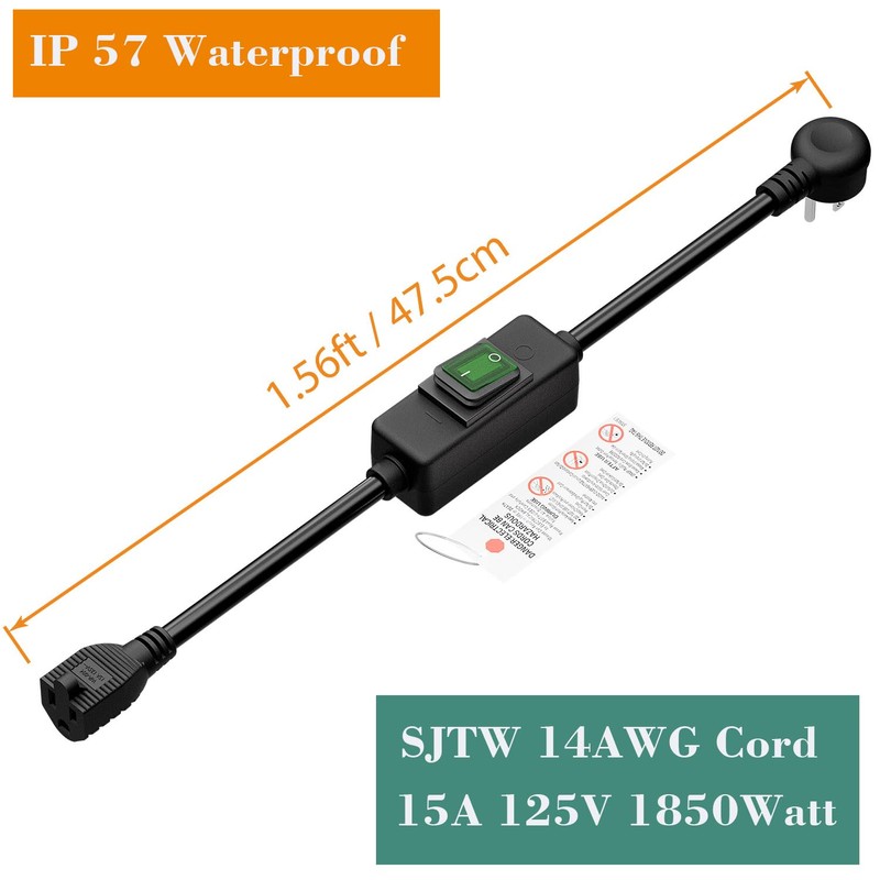 Right Angle Outdoor Waterproof 5-15P to 5-15R Extension Switch Cord