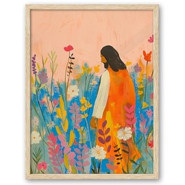 EcoHest Large 16x20in OAK Wood Framed Wall Art, Jesus Portrait with Bible Verse Theme, Christian Canvas, The Wildflowers Style, Modern Wall Decor for Bedroom Living Bathroom Religious Gift 1 Pack