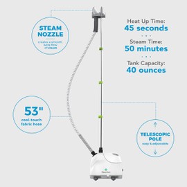 Steamfast SF-407 Canister Fabric Steamer, With Telescopic Pole and Fabric Brush, 45 Second Heat Up Time, Chemical-Free Steam, Clothes Hook, Fabric Brush, 40-Ounce Water Tank, White