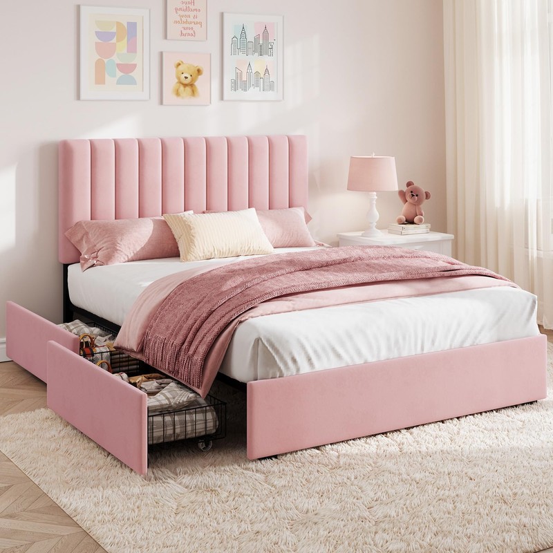 Full Size Upholstered Bed Frame with Headboard & 4 Drawers,