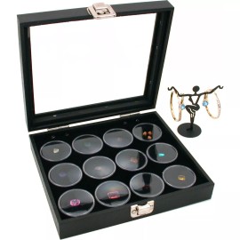 FindingKing Glass Top Jewelry Display Case With 12 Gem Jar Insert Pad