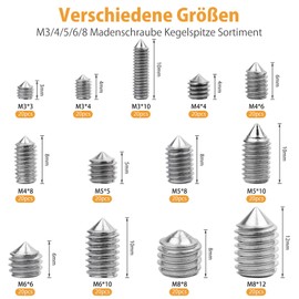 VIGRUE Pack of 260 Grub Screws Taper Tip Hex Grub Screws Assortment M3 M4 M5 M6 M8 Stainless Steel Screw-In Sleeve Assortment Fixing Parts Kits with Hex Key