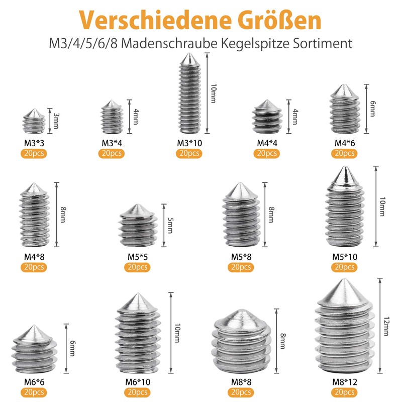 VIGRUE Pack of 260 Grub Screws Taper Tip Hex Grub