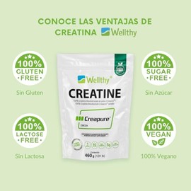 Wellthy Creatina Monohidratada Creapure® 460g. 100% Pura. Solo 1 Ingrediente Creatina Alemana Creapure®. Vegana, Sin Azúcar, 92 porciones, 5g por porc