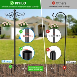 PIYILO Shepherds Hooks for Outdoor, 2 Pack 76.8 in Heavy Duty Bird Feeder Pole, Thickened Double Shepherd Hook Stand for Hanging Plants, Lanterns, Solar Lights, Wind Chime, Hummingbird Feeder, Garden