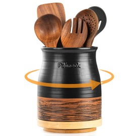Polinook Kitchen Utensils Holder - 360° Rotating Extra Large Ceramic Kitchen Utensil Holder For Countertop - 8.2" Ceramic Utensil Organizer - Utensil Crock For Farmhouse Kitchens Decor