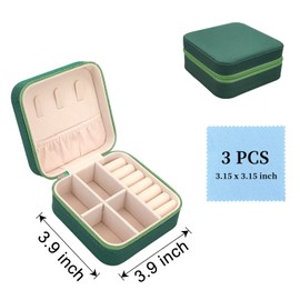 FuninCrea Jewellery Box Organiser for Women, Mini PU Leather Travel Jewelry Storage Case with 3pcs Silver Cloth for Rings Earrings Necklace, Portable Jewelry Case for Girl, Wife, Mother (dark green)