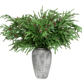 Palonu 16 PCS 28 Inches Christmas Norfolk Pine Branches with Pinecone, Artificial Pine Branches Faux Greenery Pine Stems, Fake Norfolk Picks for Vase Garland Wreath Xmas Indoor Home Decor