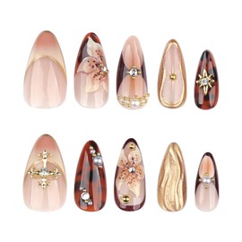 RUOKEXIN Long Press on Nails Almond Fake Nails Gold Sparkly False Nails with 3D Charms Designs Almond Nail Press ons Long Glue on Nails Glossy Artificial Nails Cute Stick on Nails for Women 24Pcs