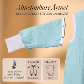 Mababu All-year baby sleeping bag with feet and removable sleeves, 100% GOTS organic cotton, year-round children's sleeping bag with feet, foldable cuffs, Green (sea green)