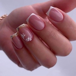 Short Press on Nails Square Fake Nails Pink False Nails White French Tip Acrylic Nails with White Flower Design Summer Glue on Nails Glossy Full Cover Stick on Nails for Women Manicure 24Pcs