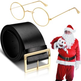 Silkfly Christmas Santa Claus Glasses and Belt - Gold Rimmed Round Glasses, Black 3.15 Inch Wide Costume Accessories for Adult Men and Women Cosplay Supplies