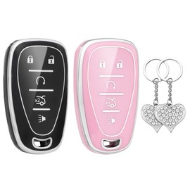 LECART Key Fob Cover for Chevy 2024 2023 2022 2021 2020 Equinox Traverse Malibu Trax Camaro Blazer 5 Button TPU Smart Key Shell Protector Case with Bling Rings 2 Pack Black Pink
