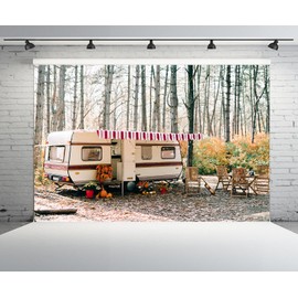 CHNYWORK 7ftx5ft Autumn Camp Backdrop Camper Van Pine Forest Fall Season Hiking Woods Background Wedding Bridal Shower Fall Hiking Camp Party Decor Photo Booth Studio Props Wallpaper
