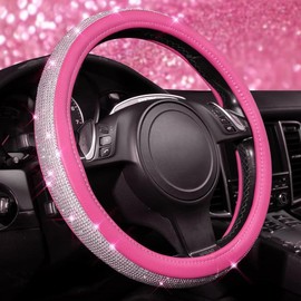 KAFEEK Bling Diamond Leather Steering Wheel Cover, With Sparkly Crystal Glitter Rhinestones Universal Fit 14"1/2-15" Car Wheel Protector for Women:_White