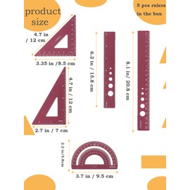 Zotemo Metal Geometry Set, 5-Piece Aluminum Ruler, Math Drafting Ruler Kit Includes Protractor, Triangle Rulers, Straight Rulers-Math Measurement Tools for School and Office Supplies (Plum Red)