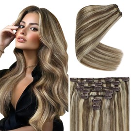 Ve Sunny 22inch Human Hair Clip in Extensions Light Brown Highlights Blonde Clip in Hair Extensions Long Hair Clip in Highlights Hair Extensions Double Weft 120g 7pcs