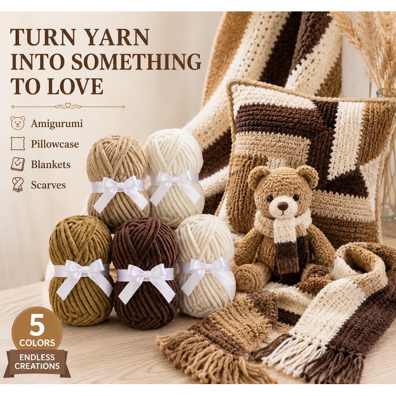 ilauke 5x100g Chenille Yarn Chunky, Crochet Yarn for Amigurumi, Brown