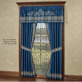 Touch of Class Buckingham Luxury Window Treatment | Royal Sapphire Blue | Palace-Inspired Elegant Golden Scrollwork Embroidery | Designed Drapery Set Includes Tailored Valance & 84L Curtain Pair