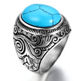 JewelryWe Men's Stainless Steel Ring Ring Turquoise Silver Blue Blue Motorcycle Vintage (Gift Bag Included), Stainless Steel