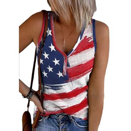 Womens American Flag Button V-Neck Tank Coloful Printed Sleeveless Patriotic Shirts Summer Tops (S, Red-A)
