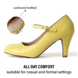J. Adams Mary Jane Kitten Heels, Vintage Retro Scallop Round Toe Shoe with an Adjustable Strap, 5.5 B(M) US, Lemon PU