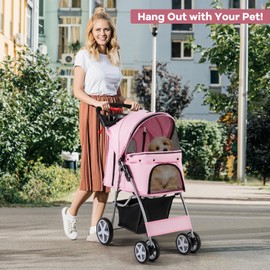 PETSITE Folding Dog Stroller, Pet Stroller for Small Medium Dogs & Cats, Dog Stroller Travel Carrier with 4 Lockable Wheels, Cup Holder, Removable Liner and Storage Basket (Pink)