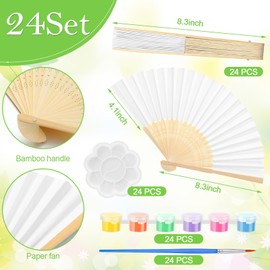 Maitys 96 Pcs/24 Set Blanks Paper Fans with Acrylic Paint Set White Folding Hand Decorative Fans Bulk DIY Crafts for Wedding, Outdoor Party Favors, Bridal Shower DIY Decoration Photography Props