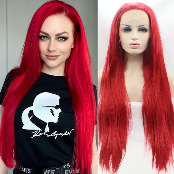 Xiweiya Long Red Lace Front Wig Synthetic Red Lace Front Wig Medium Length Heat Resistant Synthetic Long 24"