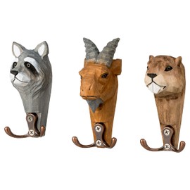 Wall Hooks, Animal Heads with 2 Hooks Each, Wooden Coat Hooks, Set of 3: Billy Goat, Marmot, Raccoon, 11 x 6 cm