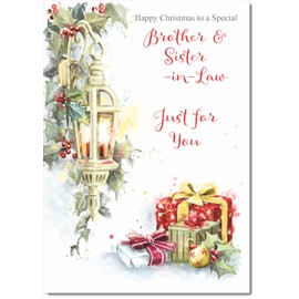 doodlecards Brother and Sister in Law Christmas Card Lamp and Parcels Medium Size Christmas Card for Brother & Sister-in-Law with Plain Envelope
