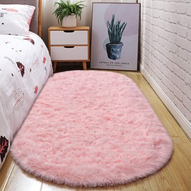 junovo Ultra Soft Washable Shaggy Rug - Non-Slip Oval Carpet for Nursery, Kids Bedroom & Home Decor (2.6x5.3ft Pink) | Plush Fluffy Floor Mat for Cozy Living Spaces