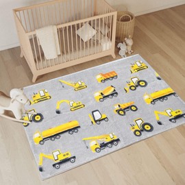 Poowe Construction Trucks Children Educational Learning Area Rug,Alphabet Baby Crawling Mat Non-Slip Childrens Carpet Nursery Play Mat - Ideal Gift for Boys Girls Bedroom Play/Game Room,2.6'×4'