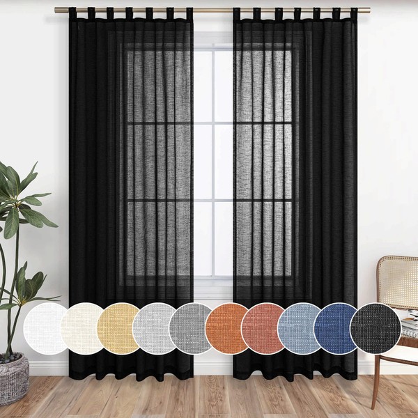 KOUFALL Black Linen Curtains 108 Inches Long for Living Room Large Windows 2 Panels Set Tab Top Faux Linen Look Semi Sheer Extra Long Farmhouse Curtains for Bedroom Outdoor 9 ft Length