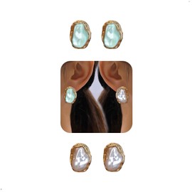 2 Pairs Exquisite Irregular Baroque Pearl Gold Stud Earrings for Women Trendy, Unique Bohemia Earring Beach Holiday Party Gift Jewelry Accessories (Blue & White)