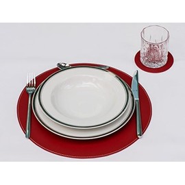 Nikalaz Round Recycled Leather Placemats and Coasters, Placemats, Set of 2 Table Mats, Placemats 33 cm (Christmas Red)