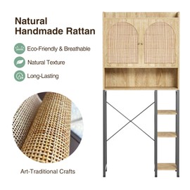 Rattan Over The Toilet Storage Cabinet with Adjustable Shelf, Bathroom Organizers and Storage Over Toilet with Rattan Door; Metal Stand, Tall Storage Shelves Above Toilet, Wood Rack Natural