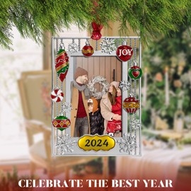 Mulumu 2024 Christmas Tree Snowman Ornament Picture Frame Metal Hanging Pendant Holiday 2x3 Photo Frame Charm Decorative of Pets, Baby First Christmas, Family (2024 Joy)