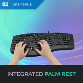 Adesso AKB-160UB Wired Ergonomic Keyboard with Integrated Palm Rest, Chiclet Keycaps, and Multimedia Hotkeys