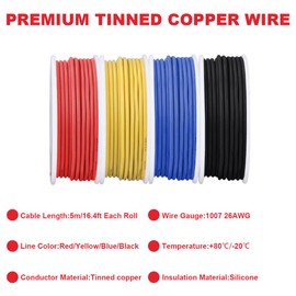 MKBKLLJY 26 Gauge Solid Wire 300 V PVC Electrical Cable 26AWG Insulation Tinned Coated Copper Wire Connection Wire 4 Colours (Red/Yellow/Blue/Black) 5 m / 16.4 ft per Piece Cable Assortment for DIY