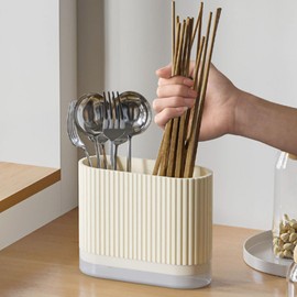 Kitchen Utensil Holder, Plastic Cutlery Organizer Beige Utensil Silverware Holder Countertop Utensil Storage Organizer for Kitchen