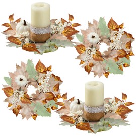 4 Pieces Fall Candle Rings Wreaths Neutral Fall Decor Artificial Pumpkin Maple Leaf Candle Garland Thanksgiving Berry Candle Rings for Autumn Farmhouse Harvest Wedding Parties Centerpieces for a Cozy