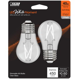 Feit Electric BPA1540927CAWFIL/2 Soft White Exposed White Filament LED Light Bulb, Box of 2 Bulbs; 5W; 2700K; E26 Base; 450 Lumens; Dimmable; 90 CRI; 15000 Rated Life Hours; 120V; 1.8" MOD; 3.2" MOL