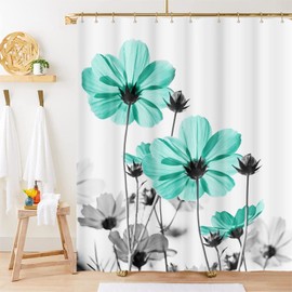 Teal Gray Floral Shower Curtain,Unique Teal Daisy Flower Elegant Wildflower Design Farmhouse Bathroom Decor Turquoise Blue Flower Waterproof Polyester Fabric Shower Curtains with Hooks,72''x72''