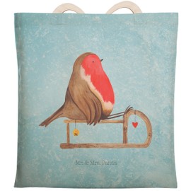 Mr. & Mrs. Panda Shopping Bag Robin Sleigh Gift Fabric Bag Christmas Bird Winter Bag Christmas Decoration Cotton Bag, blue