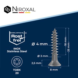 NietFullThings Wood Screws Torx Stainless Steel V2A Rustproof, 25 pcs, 4 x 25 mm, Partially Threaded, for Wood, 25 Stück
