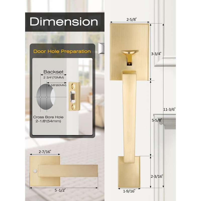 EHOMEWARE Front Door Handle Set, Brushed Gold, Satin Brass, Zinc,