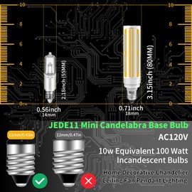 Dimmable JDE11 Led Bulbs 120V 100W Halogen Candelabra Bulbs Equivalent,COB LED T6 Mini Candelabra Base JD E11 Bulb, 3000K Warm White 10W 1100lm E11 for Chandeliers,Ceiling Fan,4Pcs