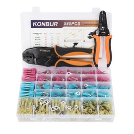 KONBUR 580Pcs Heat Shrink Wire Connectors -Insulated Electrical Terminals Kit- Waterproof Marine Automotive Crimp Connector Assortment- Butt Connector Ring Fork- with a Crimper and a Stripper Tools